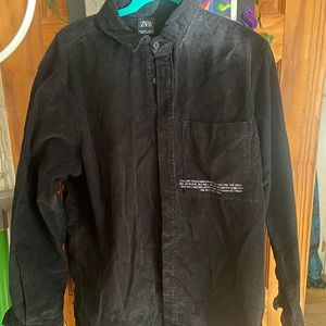 Zara Black Mens Large Corduroy Shirt with Inspirational Embroidered Quote